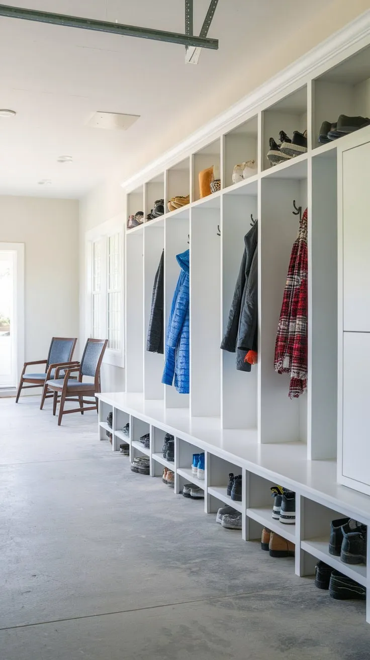 A clean and organized garage mudroom boasts concrete floors, wall-mounted lockers for coats and shoes, and comfortable seating.