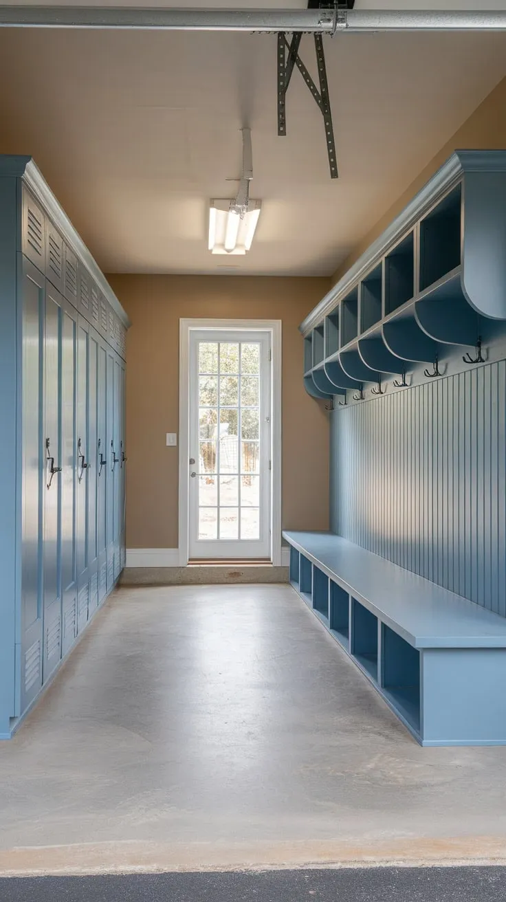 A functional garage mudroom upgrade features concrete flooring, blue storage solutions, and convenient outdoor access.