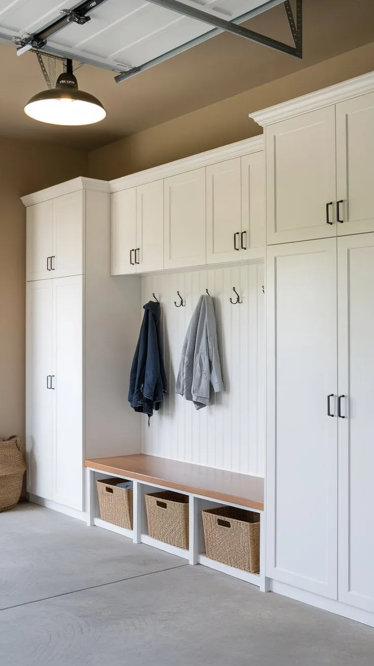 Beige walls and a concrete floor complement white cabinetry and built-in lockers in this organized garage mudroom, complete with a storage bench.