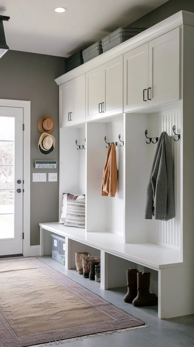 A grey-walled garage mudroom boasts white cupboards, lockers, and convenient coat hooks, offering organized entryway storage and outdoor access