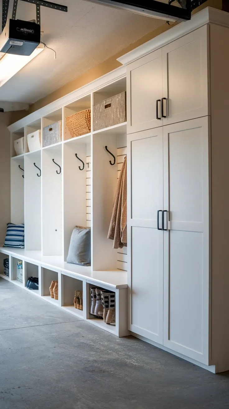 A bright garage mudroom renovation boasts white cabinetry, practical lockers, concrete flooring, and ample wall hooks for organized storage.
