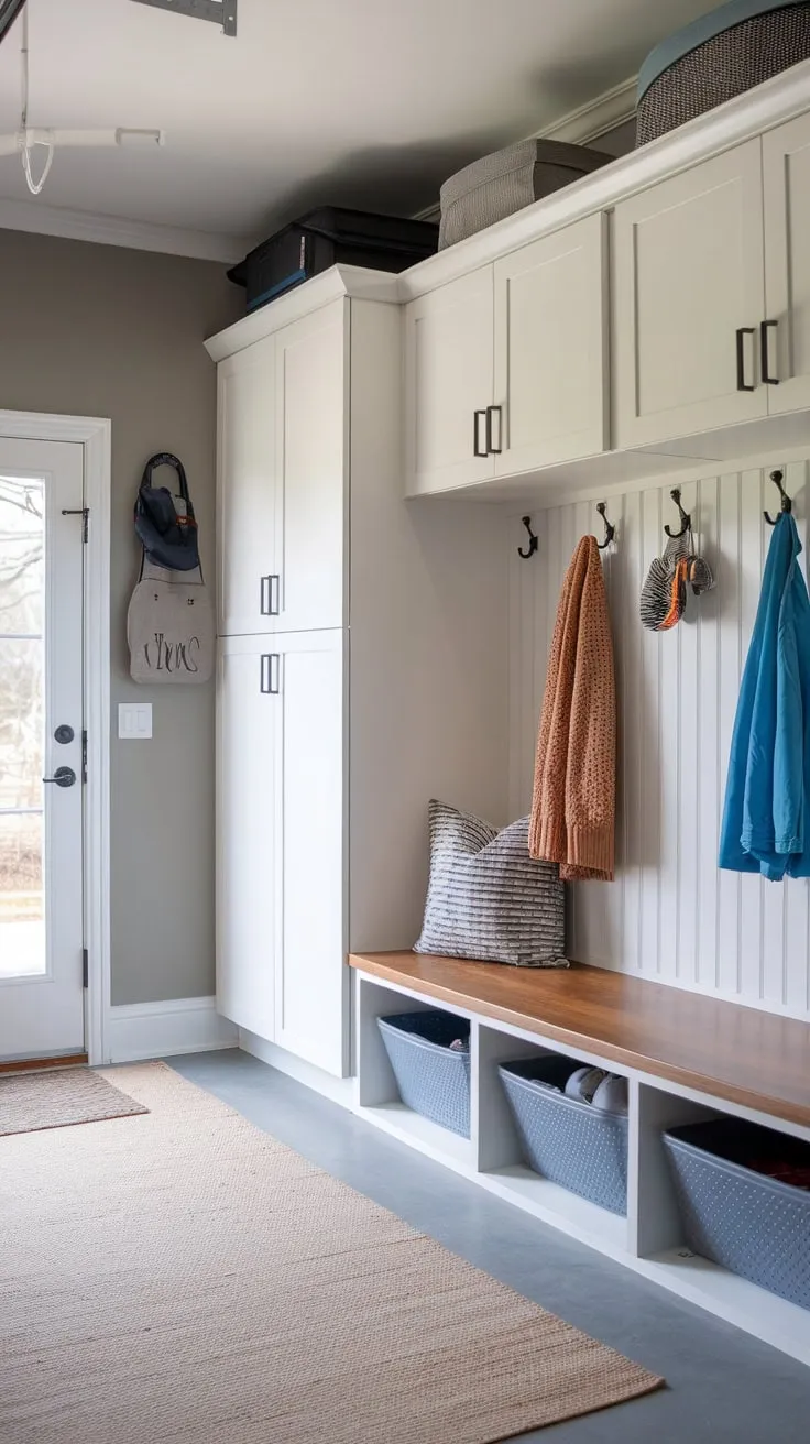 A gray-walled garage mudroom boasts white cabinets, lockers, a storage bench, coat hooks, and an exterior door for ultimate organization and convenience