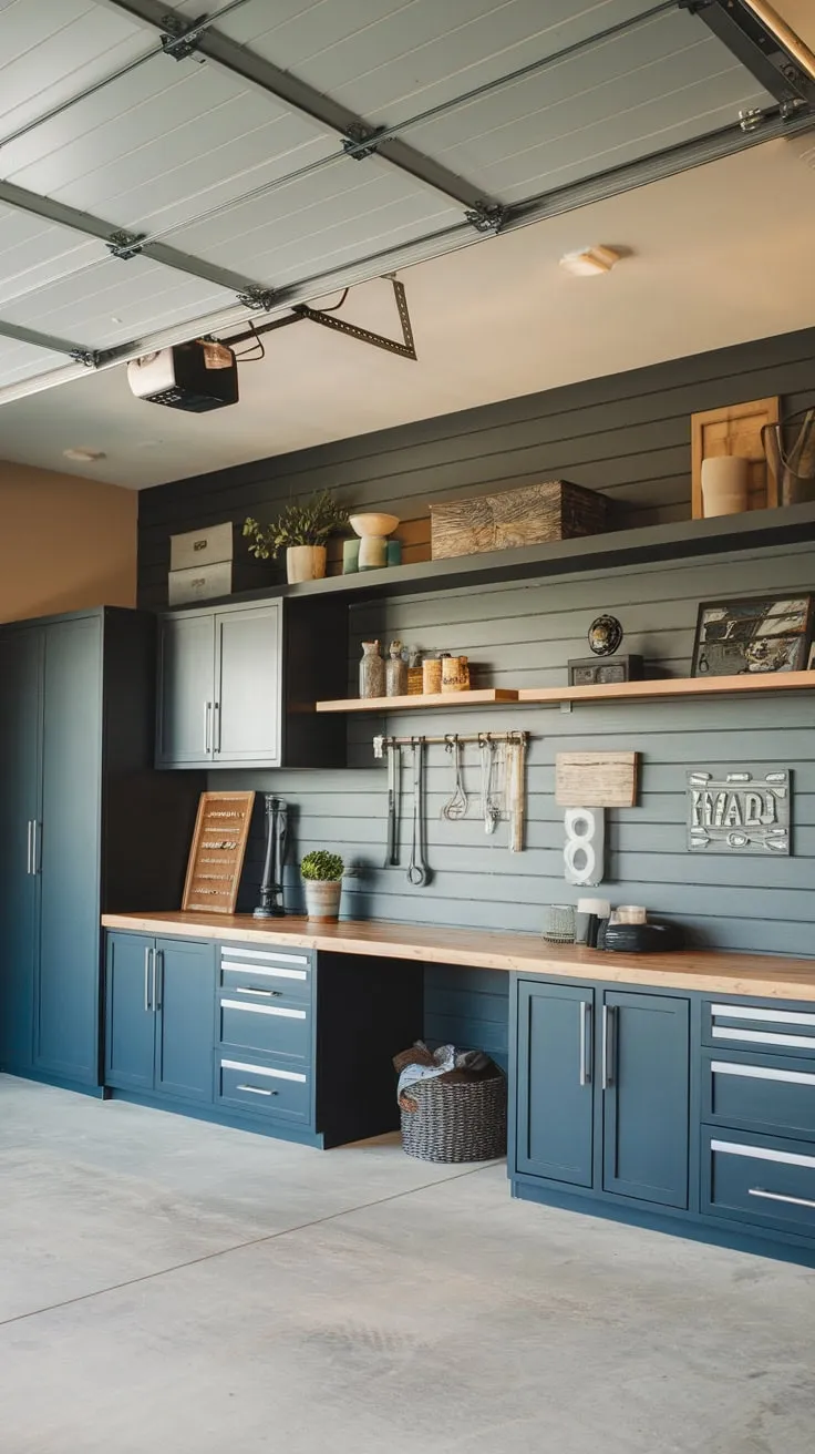 Transform your garage into a rustic, masculine workspace with custom cabinetry, a feature wall, and ample storage.