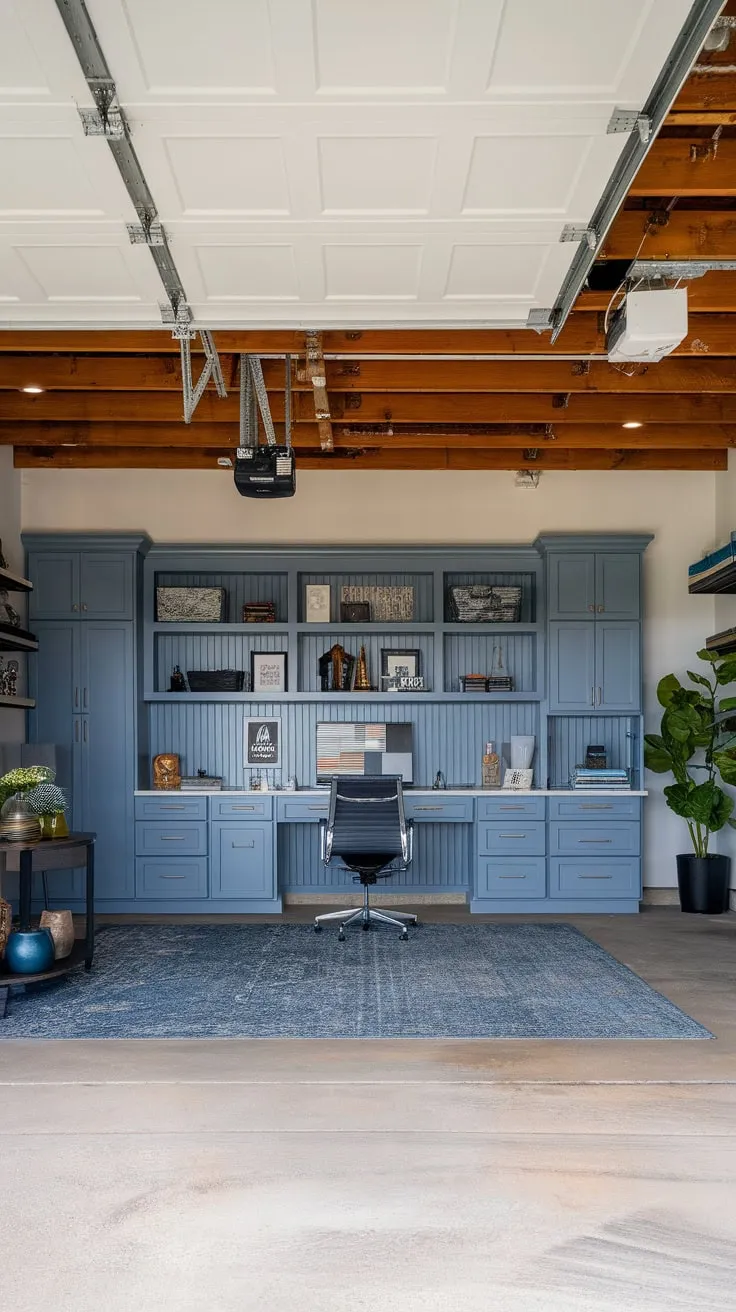 A masculine and organized garage office boasts high ceilings, exposed beams, custom shelving, and a comfortable workspace.
