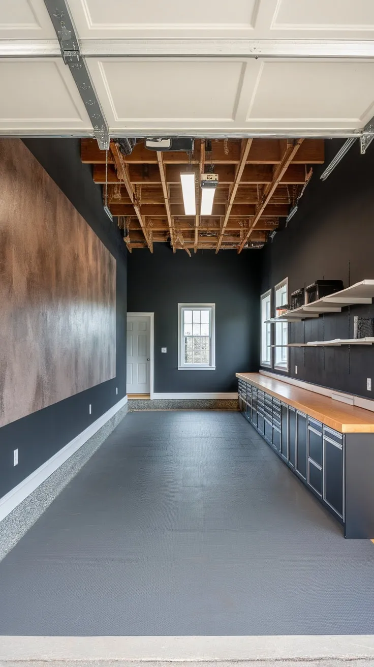 A sleek dark gray garage office boasts exposed beams, a textured feature wall, and ample workbench storage.