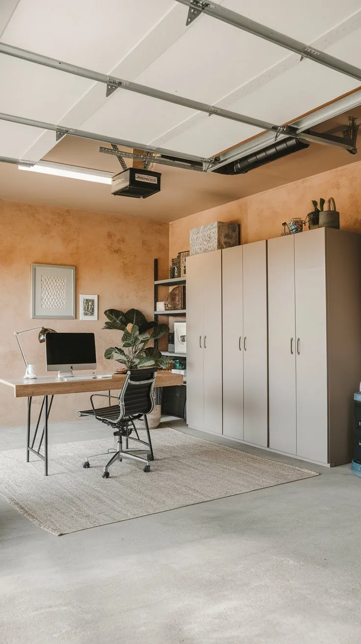 A textured-wall garage, complete with desk, storage, and industrial-chic exposed ductwork, transforms into a functional and stylish home office.