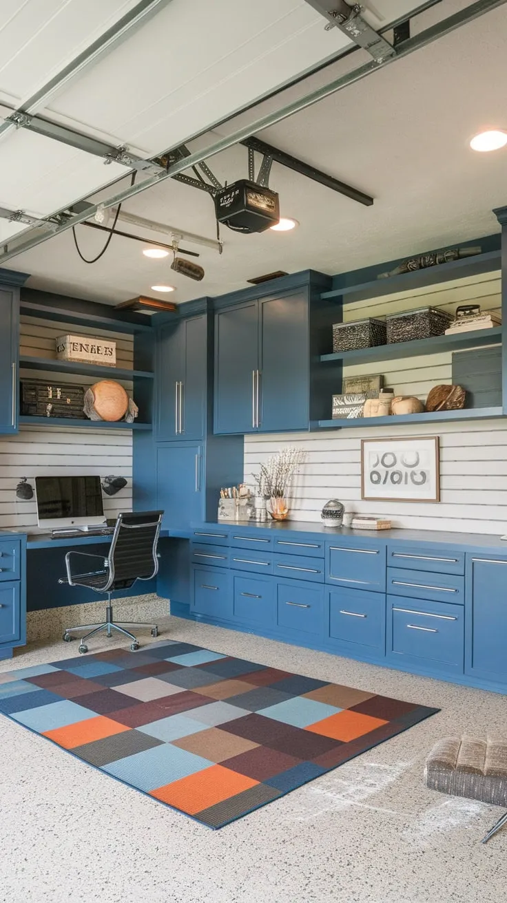 Transform your garage into a masculine, organized, and functional home office with exposed beams and custom cabinetry.