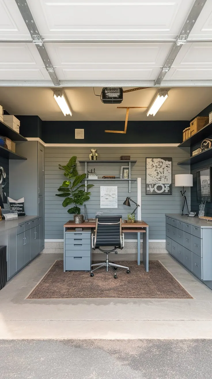 A DIY remodel transformed a humble garage into a masculine, well-organized home office boasting exposed beams, custom shelving, and a comfortable workspace.