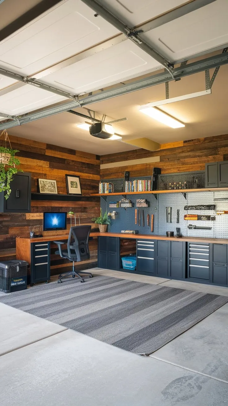 Exposed beams and a gray rug accentuate the transformed garage workspace complete with desk, shelving, and curated tools.