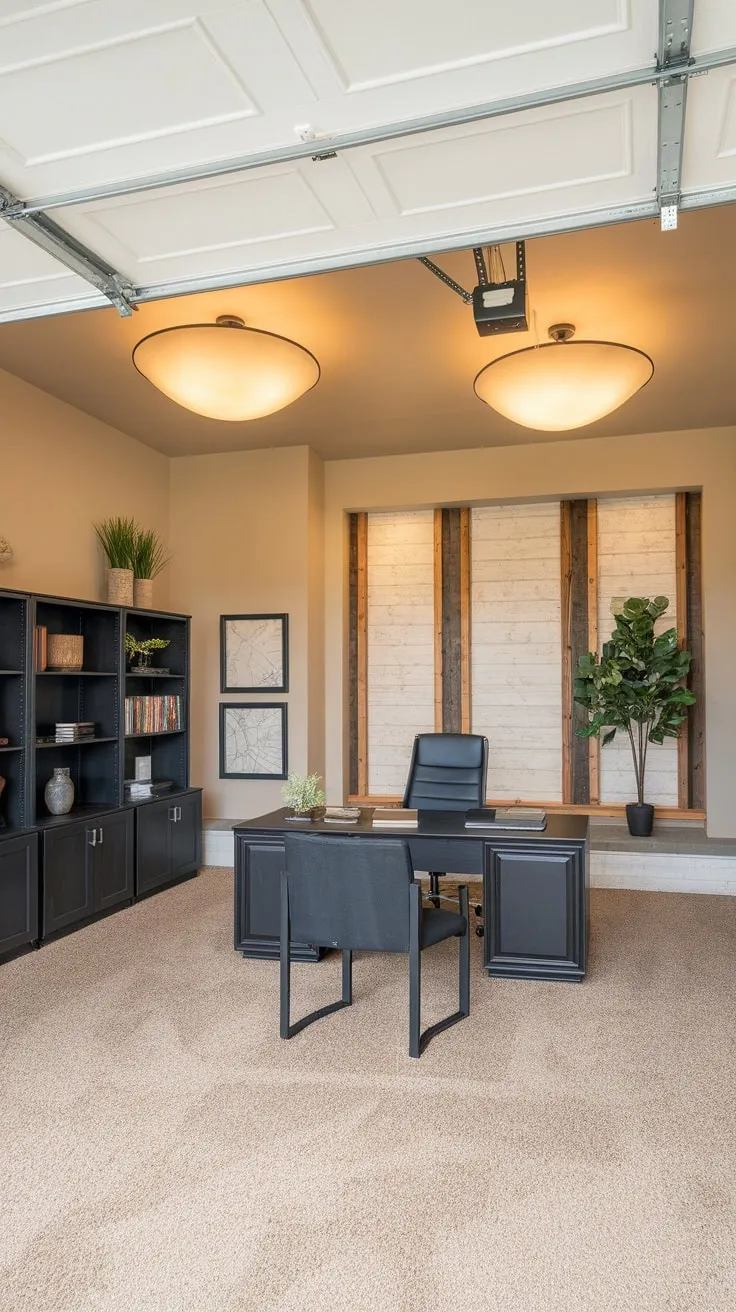A remodeled garage boasts a serene workspace with beige walls, wooden accents, and ample natural light from two large fixtures above a plush carpeted floor.