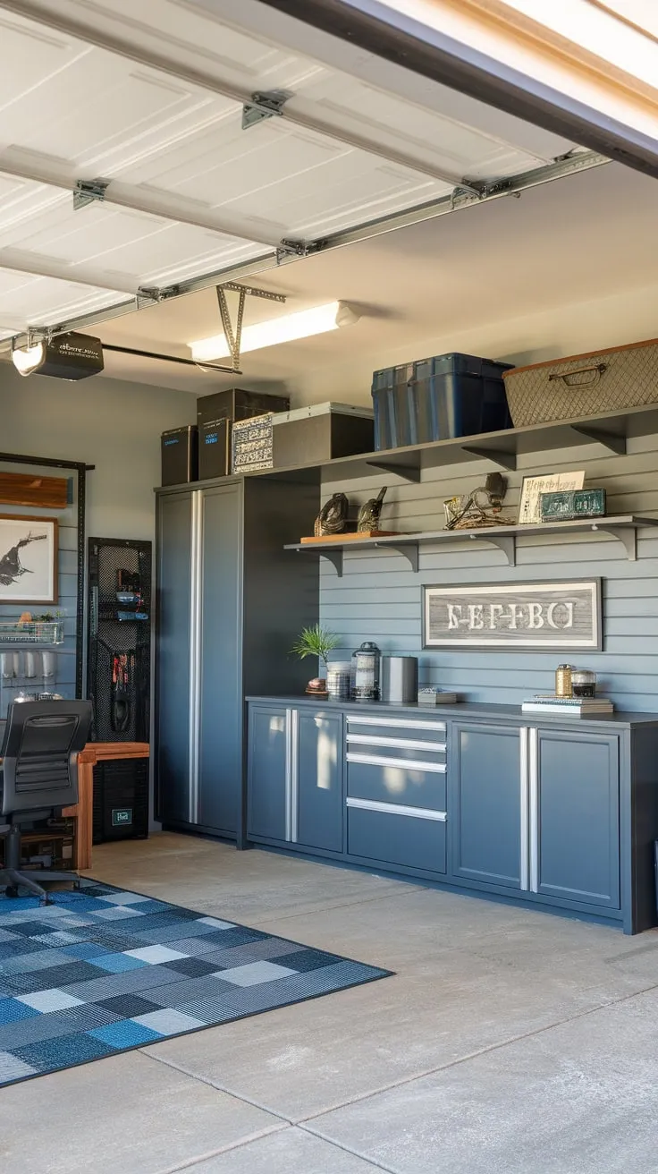 A DIY garage renovation yields a functional and stylish masculine office space complete with organizational cabinets and an eye-catching feature wall.
