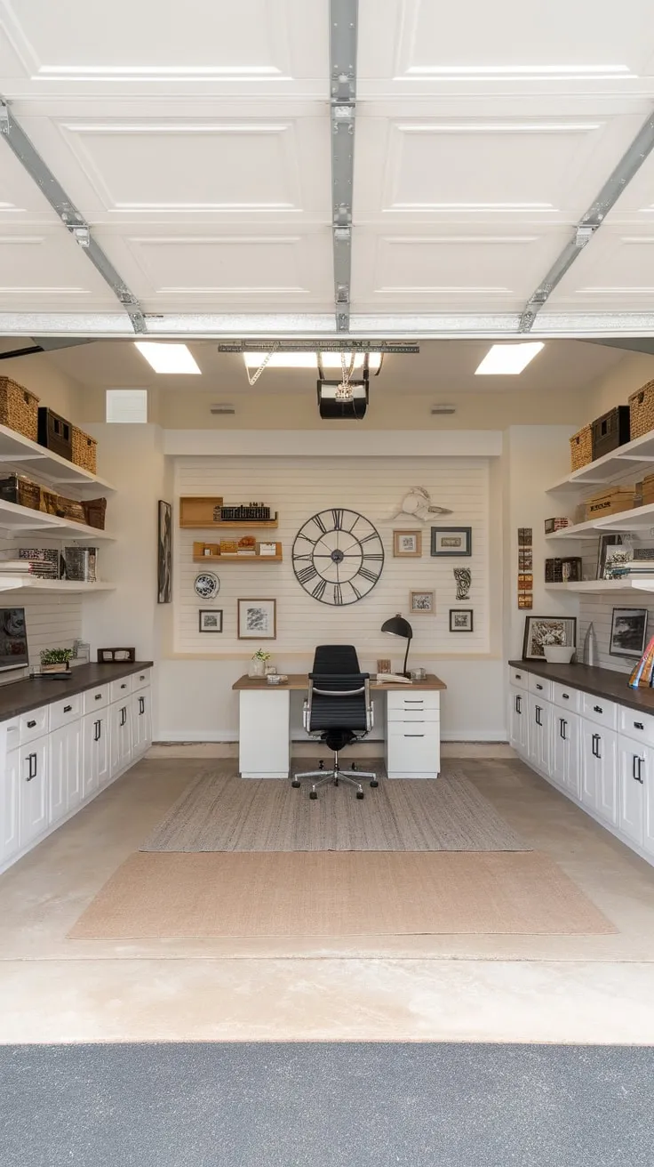 Transformed from garage to haven, this remodeled office features open ceilings, built-in storage, and a stylishly functional design.