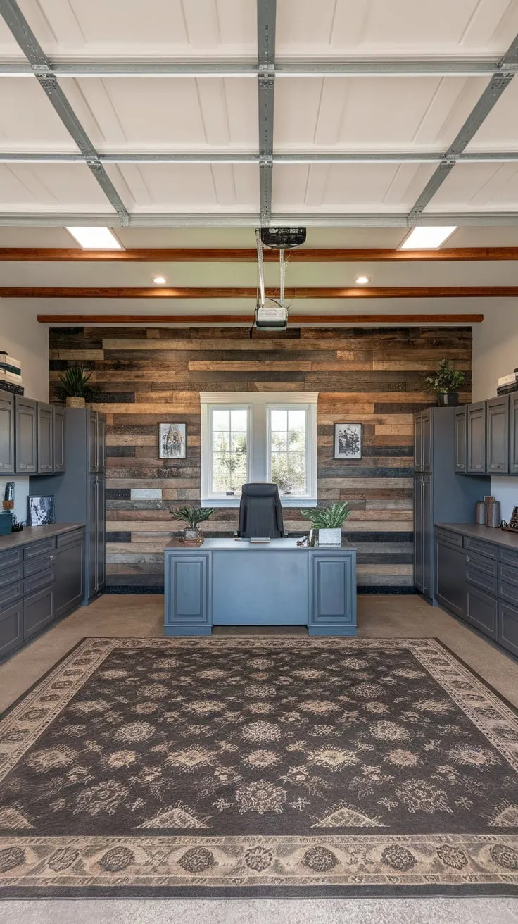Rustic charm meets modern functionality in this remodeled garage office, featuring exposed beams, a wood-paneled accent wall, and ample storage.