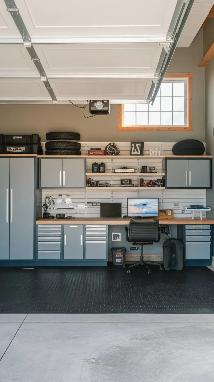 A masculine garage remodel boasts a functional office space with open ceilings, a feature wall, and ample storage for tools and equipment