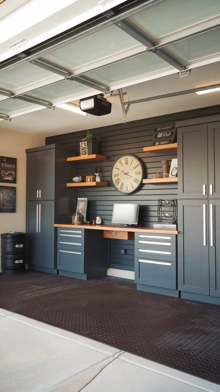 This masculine garage office boasts a DIY renovation with open ceilings, stylish storage, and a feature wall showcasing a large clock and shelves.