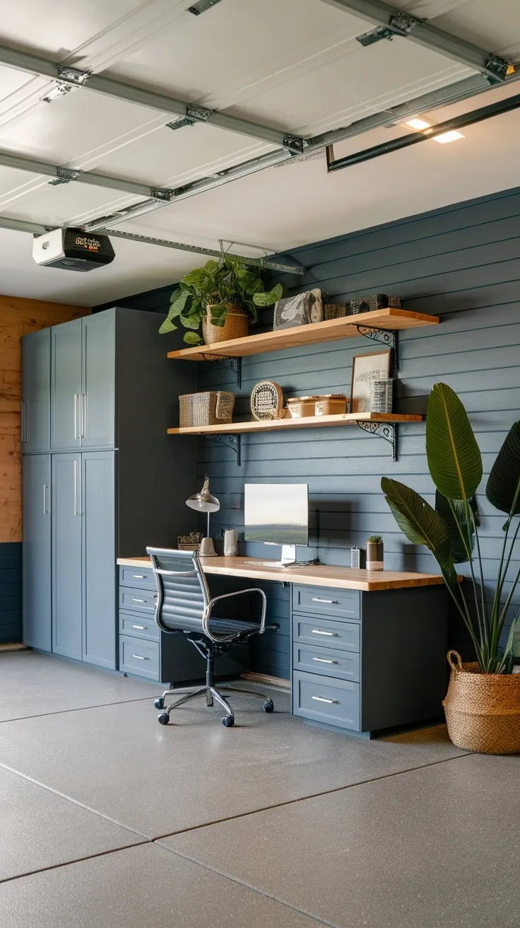This masculine garage office boasts a DIY renovation, showcasing a feature wall, open ceiling, durable flooring, and smart storage solutions.