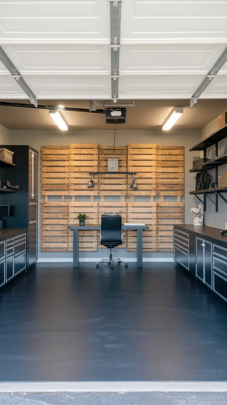 A masculine DIY garage renovation boasts a functional office space featuring exposed beams, epoxy floors, and a striking pallet wood feature wall.
