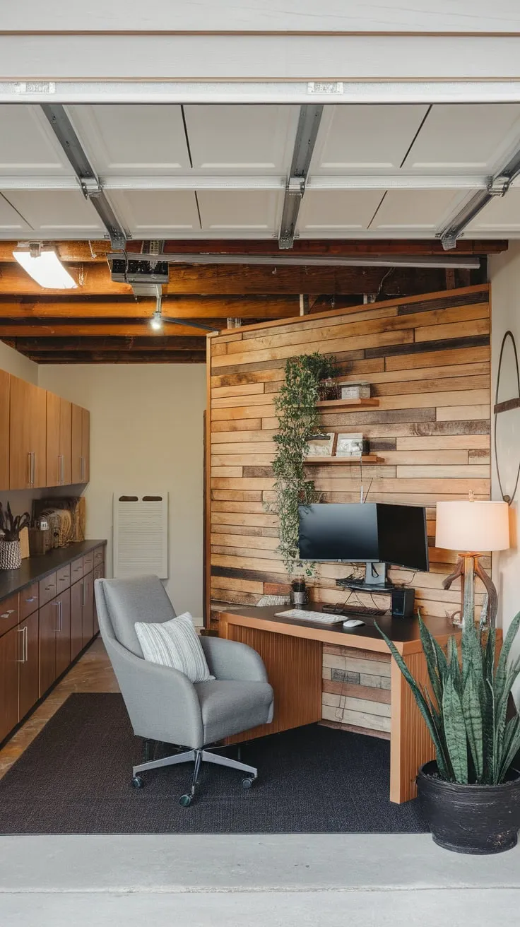 A rustic-chic garage office boasts exposed beams, a wooden feature wall, and comfortable workspace bathed in natural light through an open garage door