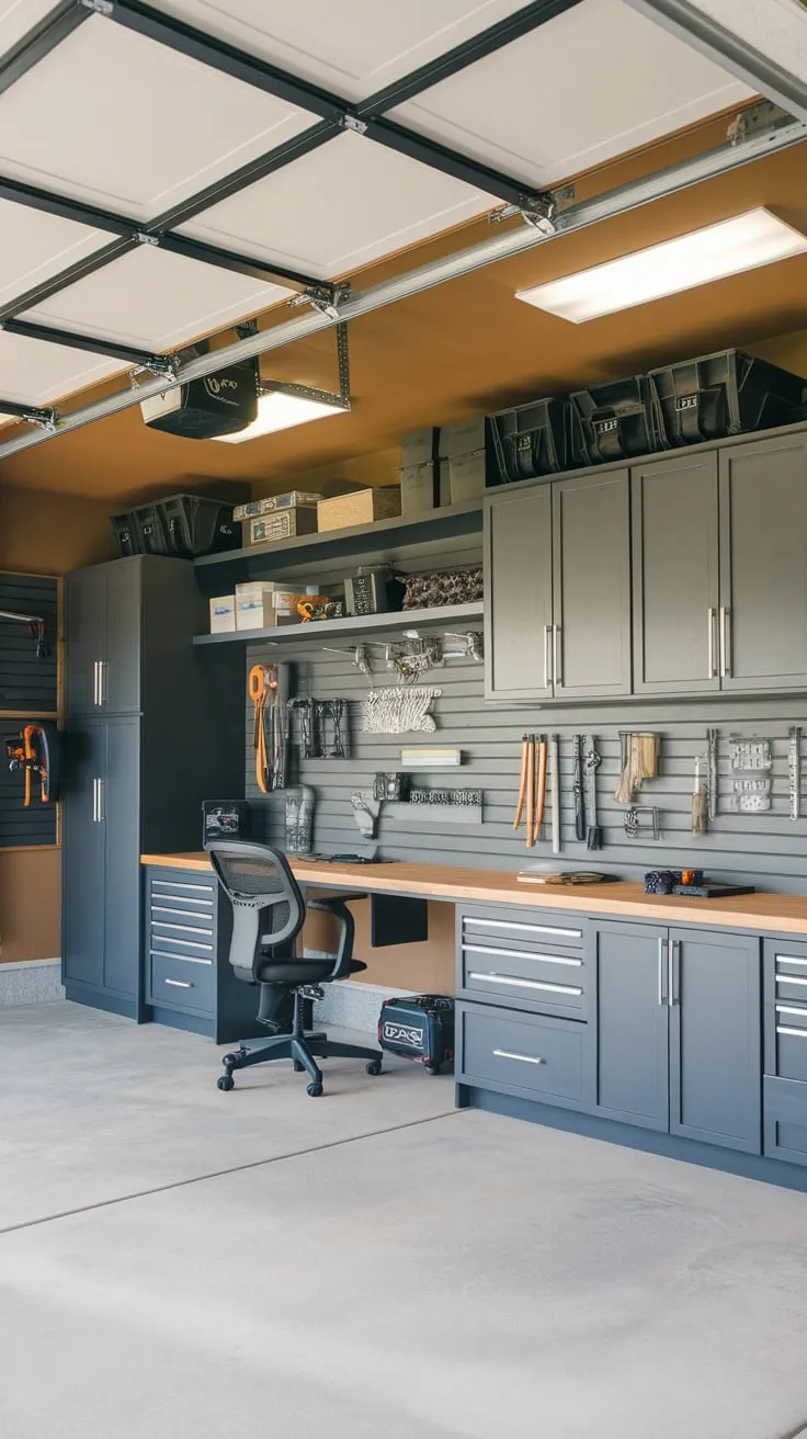 A remodeled garage, showcasing a masculine DIY aesthetic, offers a functional workspace with abundant storage and a striking feature wall.