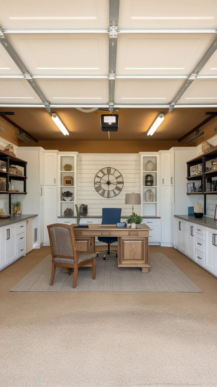 A remodeled garage boasts a functional and stylish office space complete with exposed beams, custom cabinetry, and a rustic feature wall.