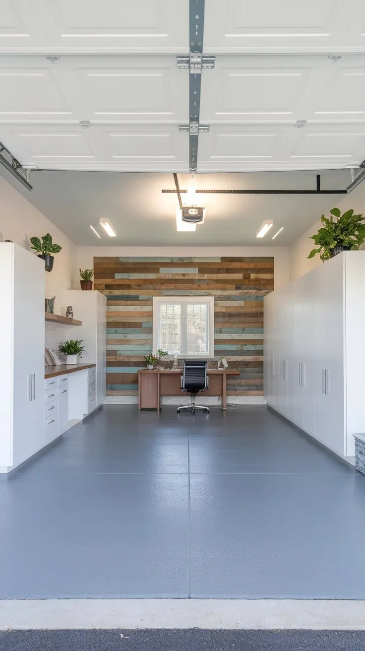 Transformed from garage to haven, this bright white office features stylish wood accents, durable epoxy floors, and built-in storage for ultimate productivity.