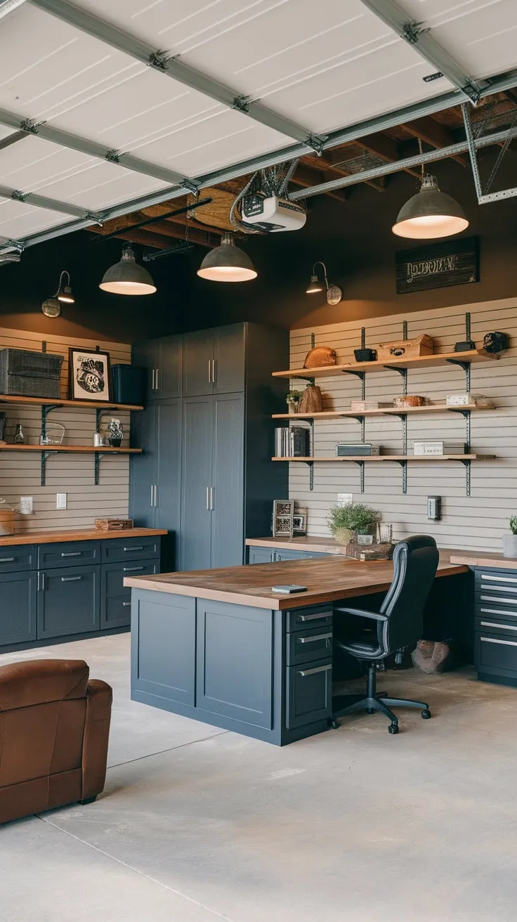 A dark grey garage remodel boasts a DIY renovation with industrial lighting, exposed beams, and a dedicated workspace perfect for focused productivity.