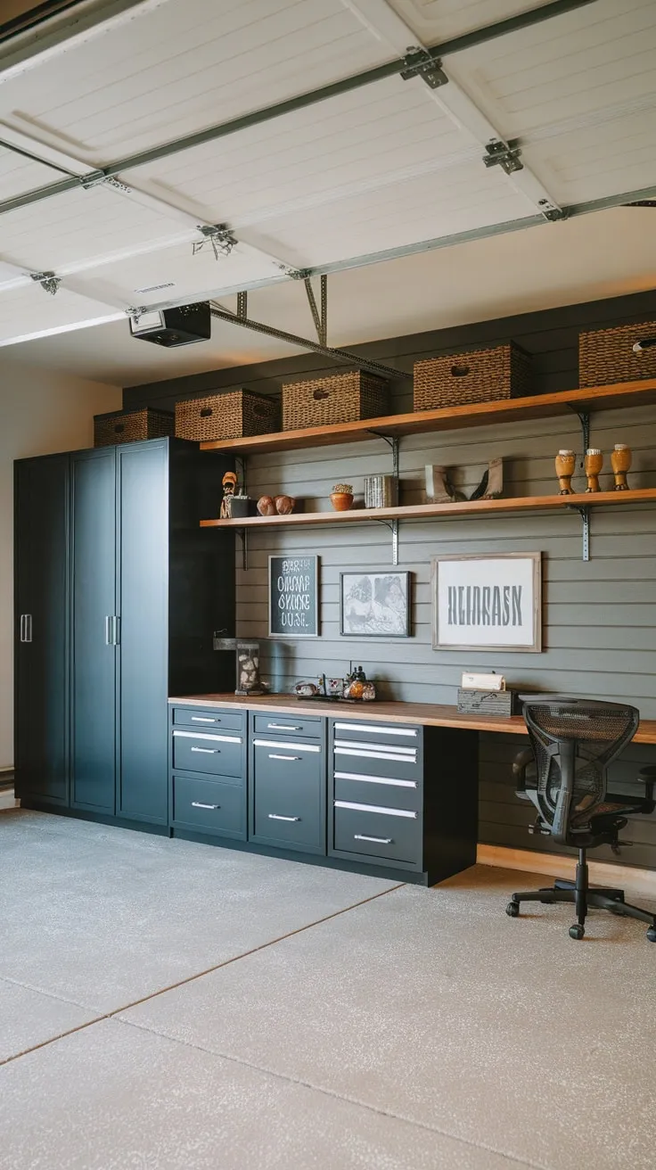 Transform your garage into a stylish and functional home office with a DIY remodel featuring organizational cabinets, masculine decor, and an open ceiling design.