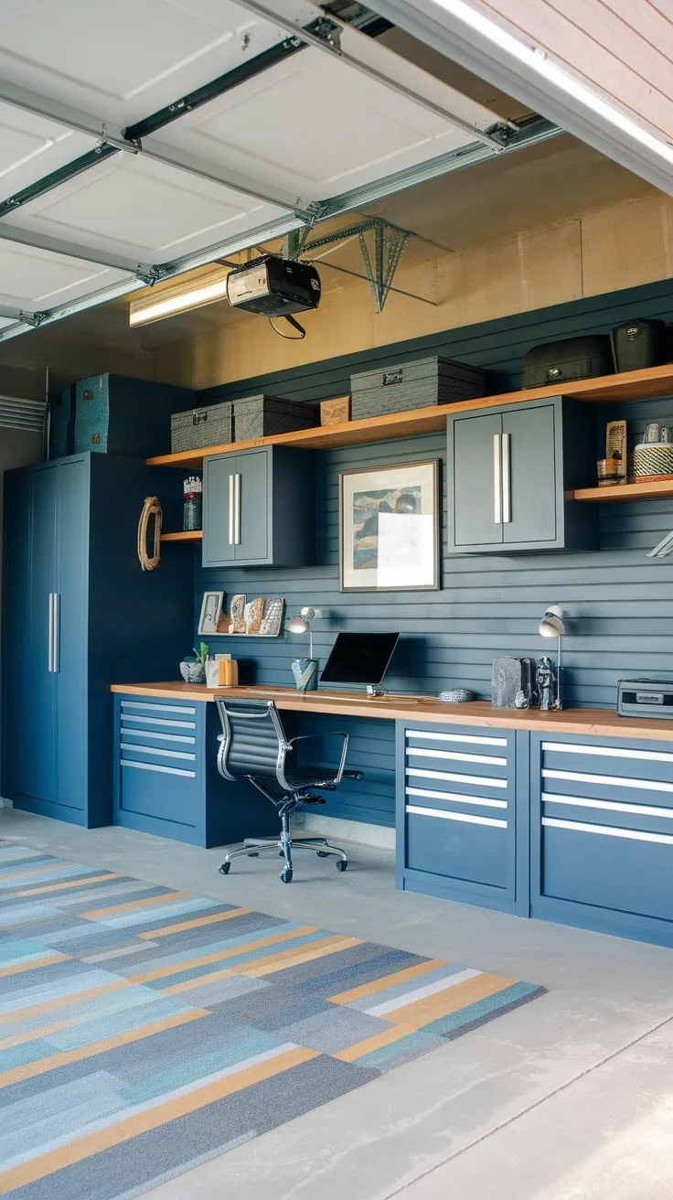 This renovated garage offers a stylish and organized workspace with an open ceiling and masculine industrial design.
