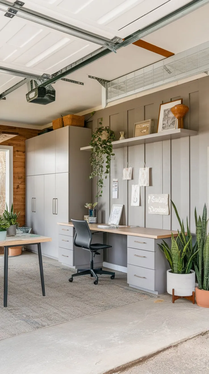 A DIY garage renovation created a stunning office space featuring exposed beams, custom shelving, and a cozy rug, transforming a utilitarian area into a productive haven.