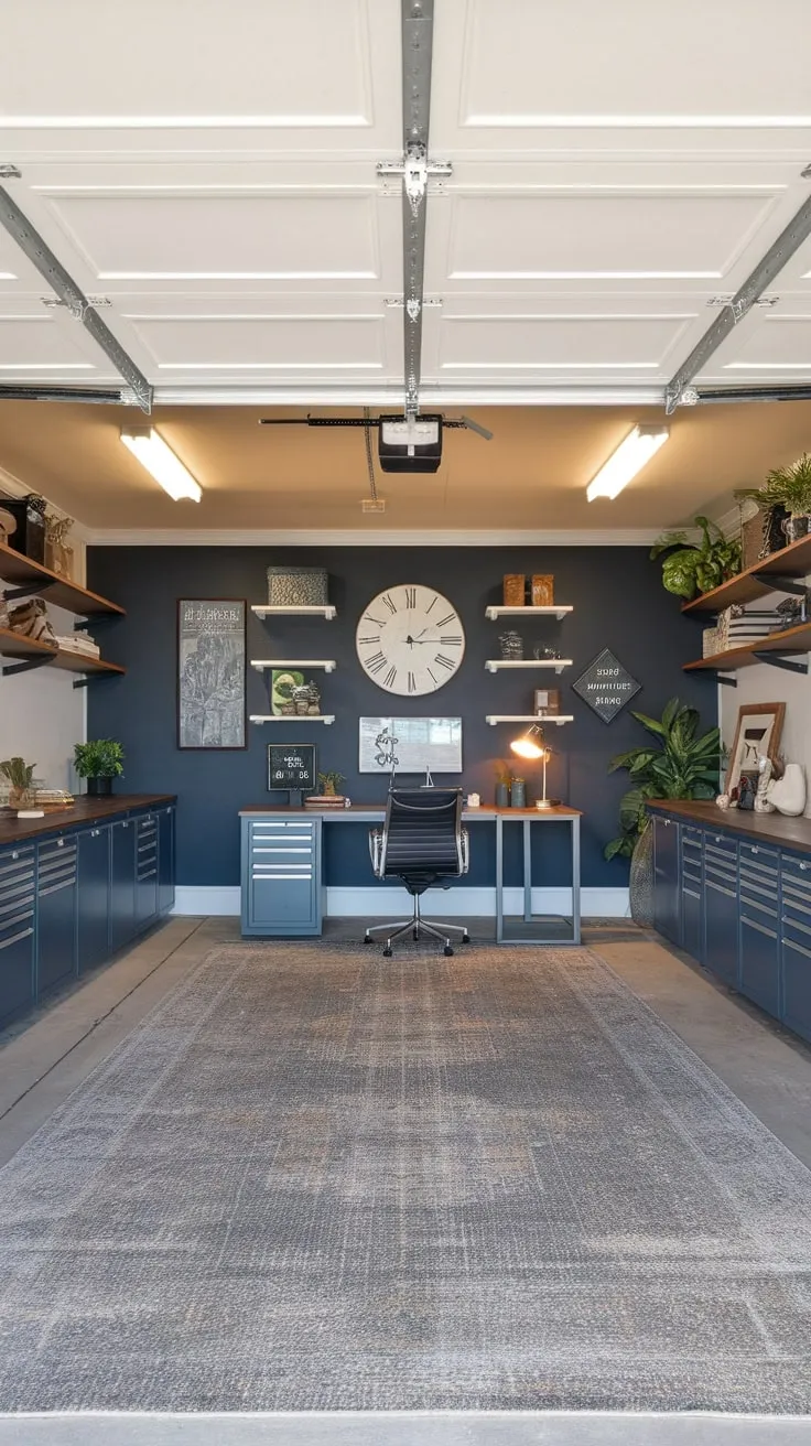 A masculine-styled garage office boasts exposed beams, a feature wall clock, and ample storage, creating a functional and stylish workspace.