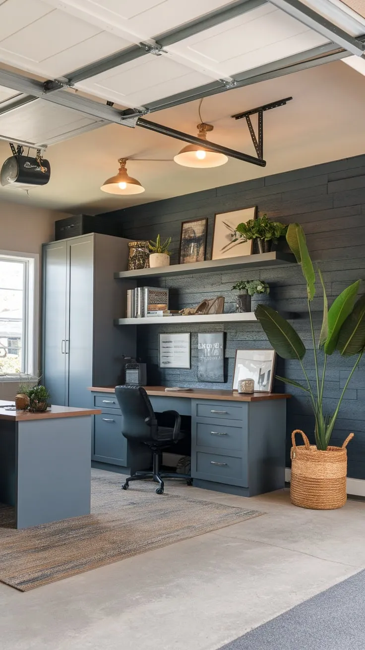 A renovated garage boasts a stylish and practical home office space with a masculine design, showcasing open ceilings and built-in storage.