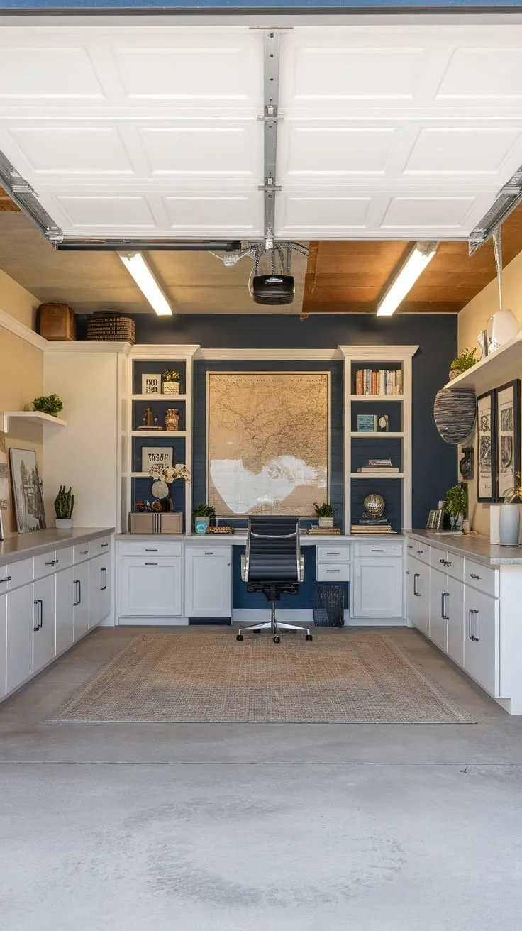 A remodeled garage boasts a bright, functional office space complete with a feature wall, exposed beams, and ample storage.