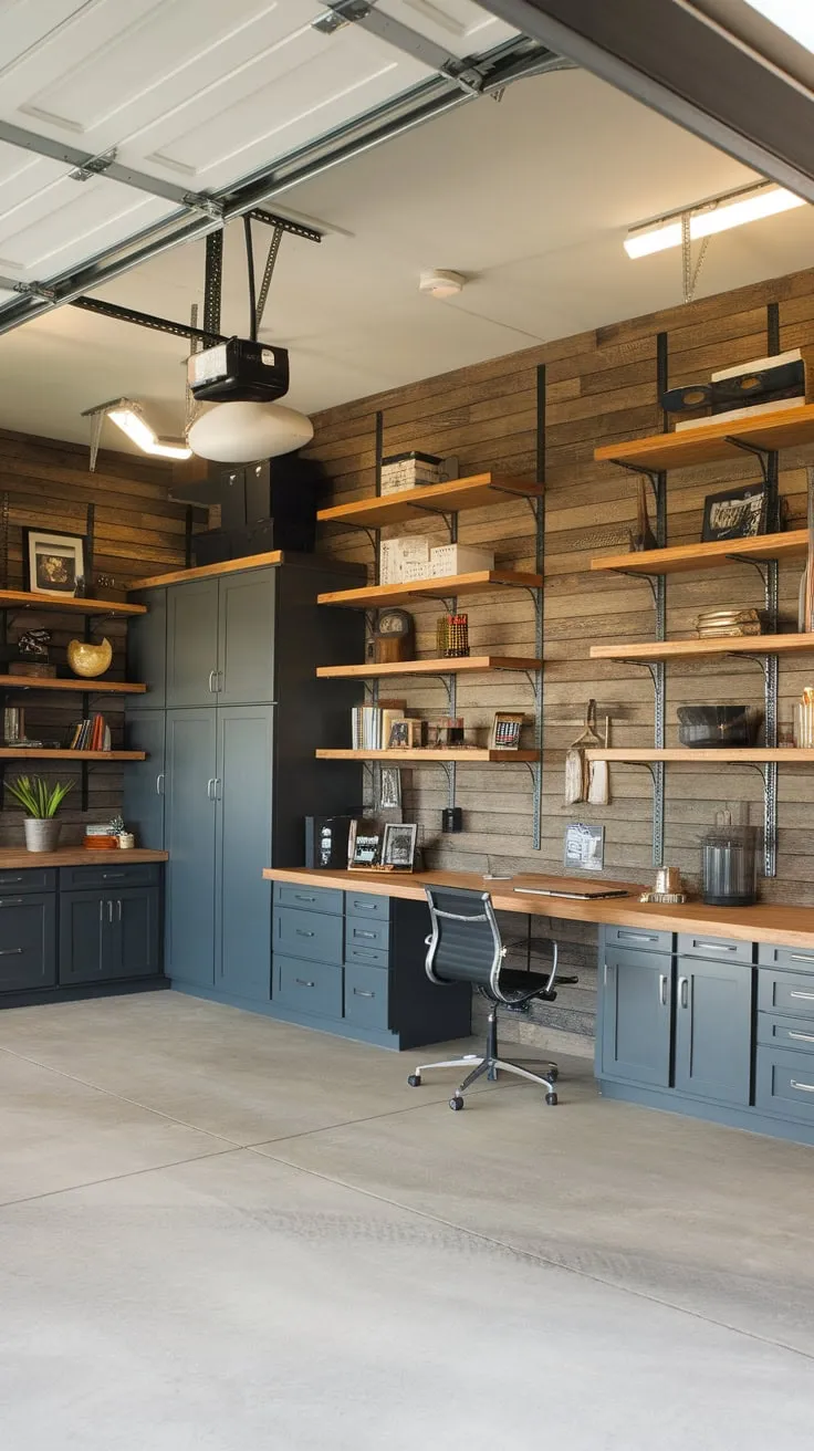 A masculine, high-ceilinged garage office boasts industrial lighting, custom wooden shelving, and ample storage.