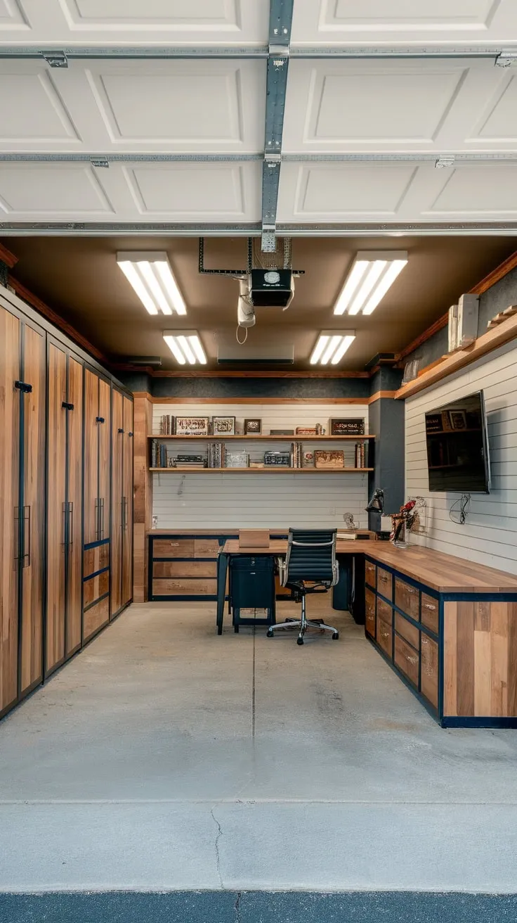 A remodeled garage boasts a masculine workspace with custom cabinetry, a dedicated desk, and a feature wall showcasing a TV and shelves, all under an open ceiling.