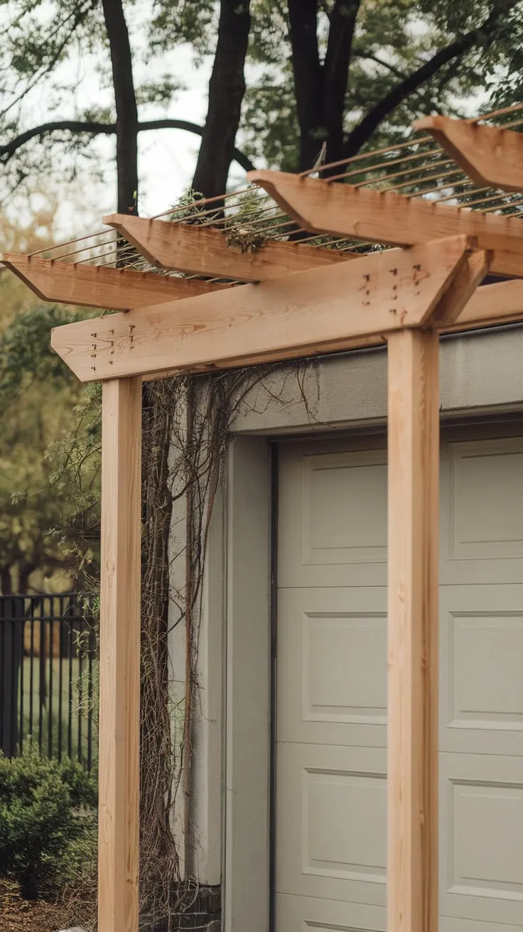 Rustic elegance meets functionality as a four-post cedar pergola shades a garage door, framed by lush greenery.