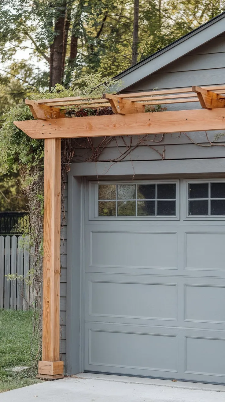 Climbing vines grace a four-post cedar pergola, creating a picturesque canopy over a grey garage door nestled amongst trees and a fence.