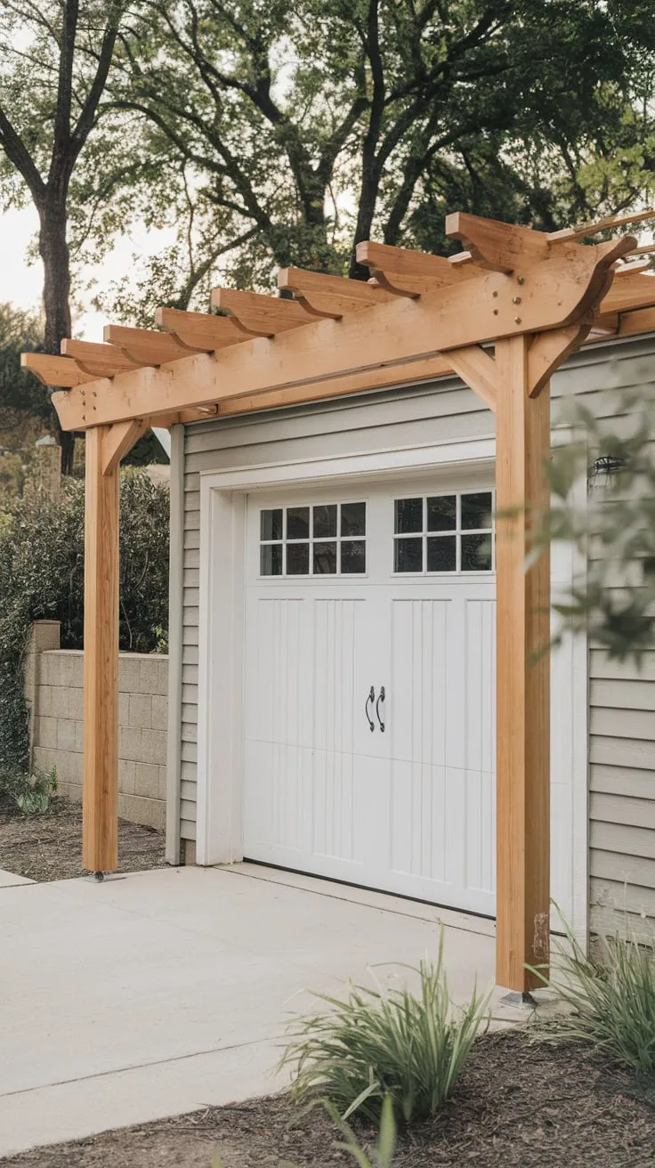 Rustic cedar pergola enhances a garage, adding curb appeal with its elegant design against a backdrop of trees.