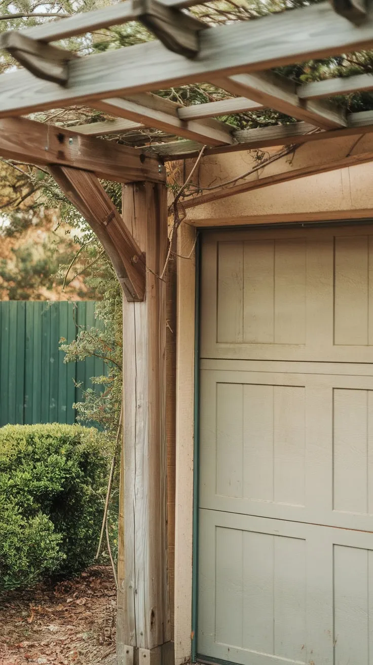 A charming garage pergola, crafted from weathered cedar and adorned with climbing vines, adds warmth and character to the home's exterior.