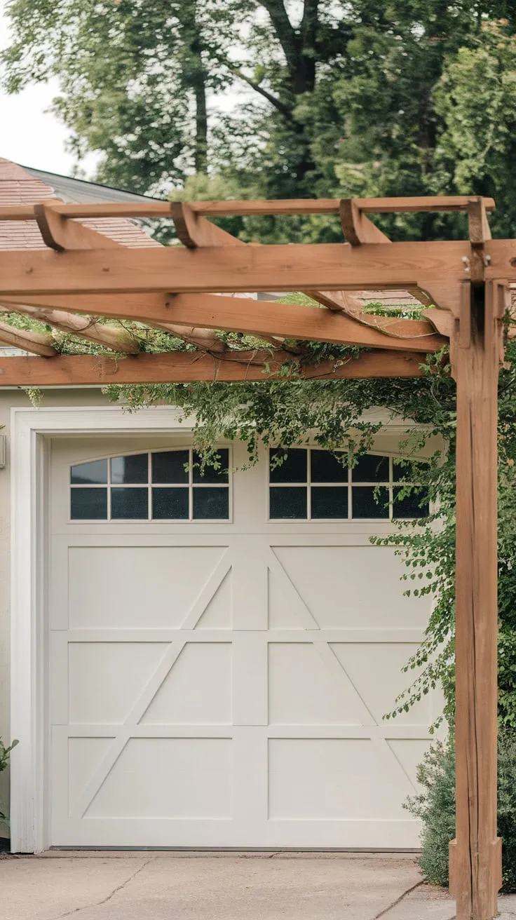 Rustic wooden beams and lush greenery transform a simple garage into a welcoming home feature.