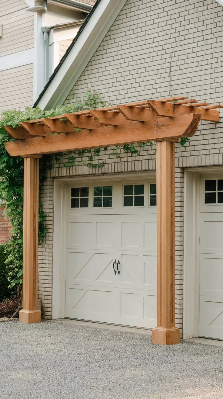 Rustic wooden beams and climbing vines adorn a four-post cedar pergola shading a white garage door on a brick house.