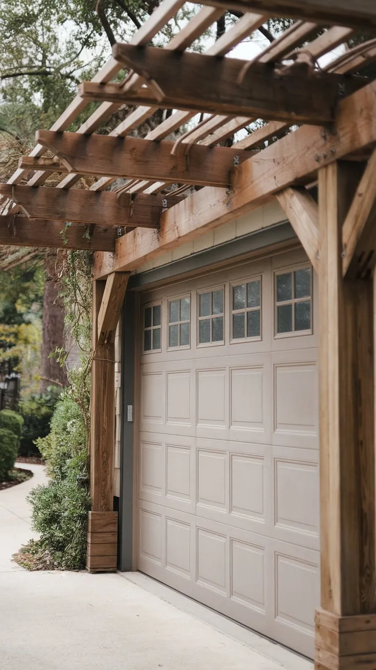 A charming walkway leads to a classic garage, beautifully shaded by a rustic cedar pergola draped in vines.