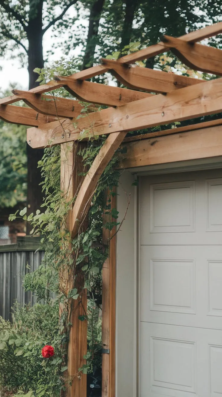 Climbing vines elegantly frame a garage door, enhanced by a beautiful cedar pergola extending beyond its width.