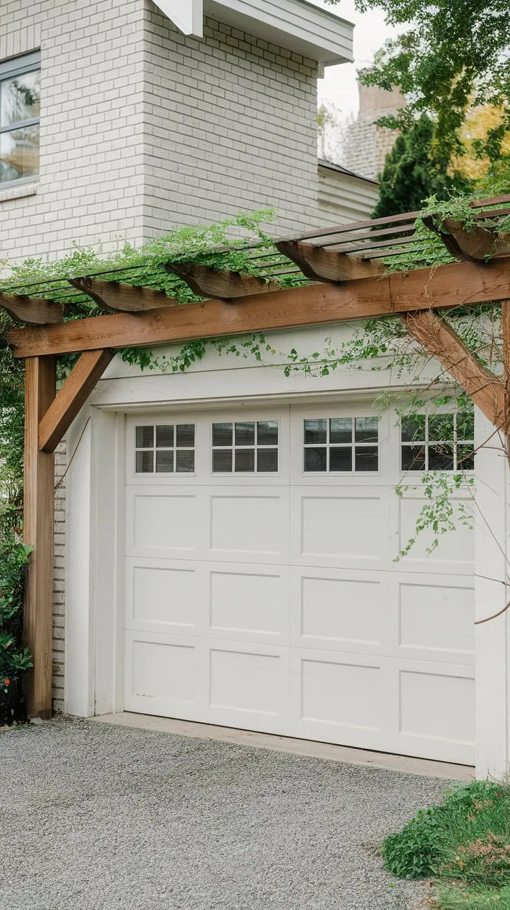 A gravel-covered area showcases a white garage enhanced by a shady cedar pergola with climbing vines, complementing a brick house.