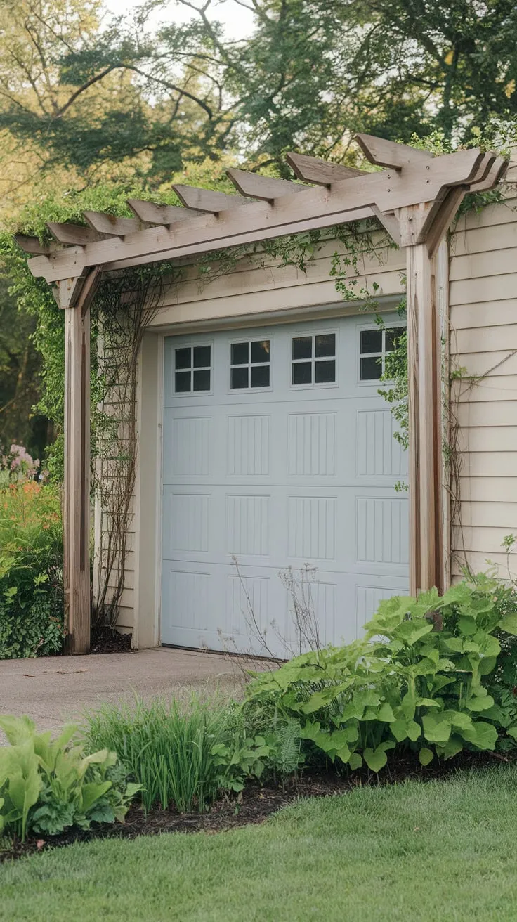 A charming light blue garage door is beautifully framed by a cedar pergola, adorned with climbing vines and overlooking a vibrant garden