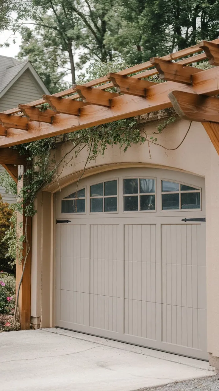 A charming cedar pergola, draped in vines, gracefully crowns a beige arched garage door, adding curb appeal to the home.