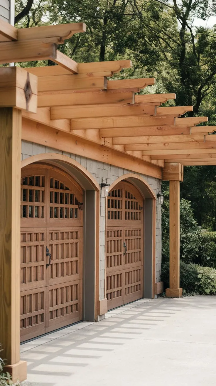 A charming wood pergola with four posts tops a garage featuring an arched trellis door, providing shaded driveway parking in a lush setting.