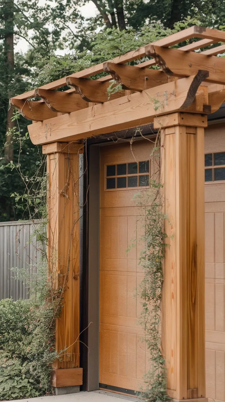 Climbing plants enhance a rustic cedar pergola shading a wooden garage door, framed by a natural backdrop.