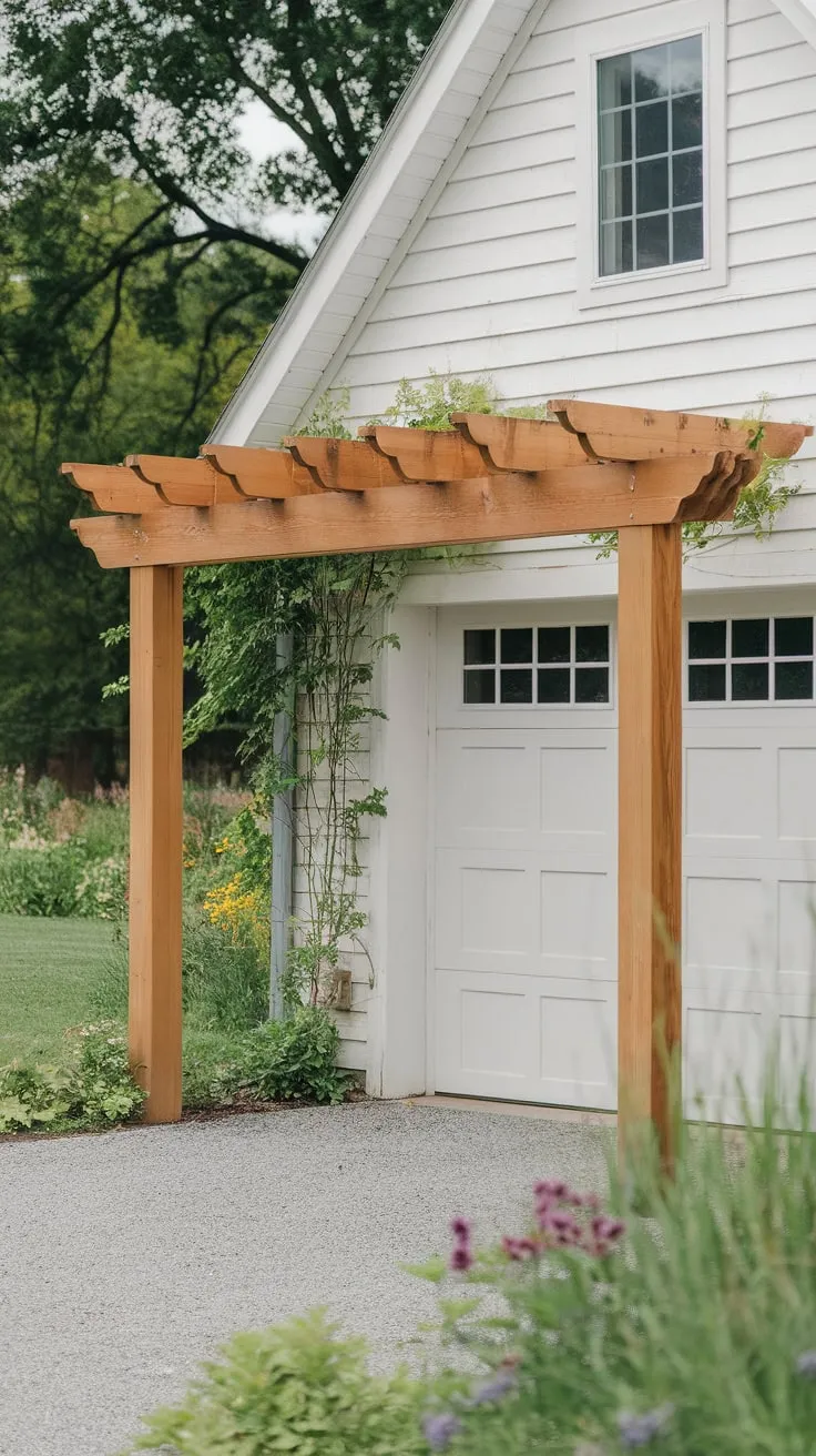 A charming cedar pergola, adorned with climbing vines, graces a white garage nestled within a vibrant garden.