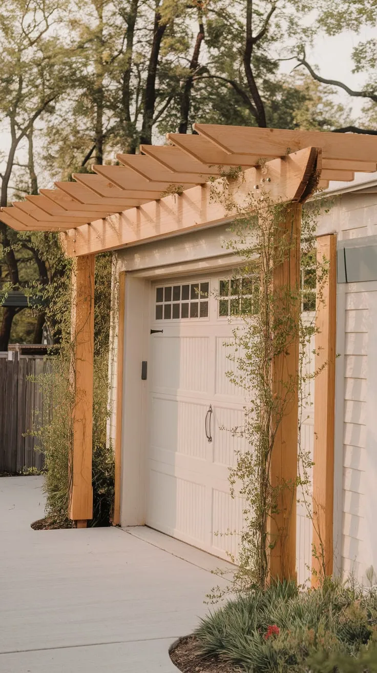 A warm golden-hued photo shows a charming cedar pergola, draped in climbing plants, shading a white garage and creating a welcoming entryway.