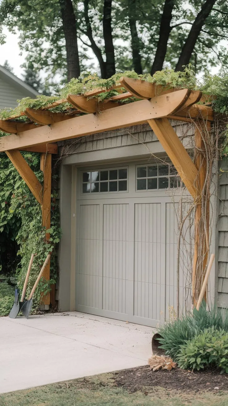 A charming cedar pergola, adorned with climbing vines, enhances a garage while blending seamlessly with the surrounding house and nature